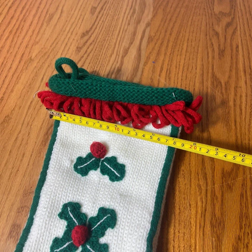 Vtg Hand Knit Christmas Stockings Set of 2 White Knit Holly Stockings Red holly
